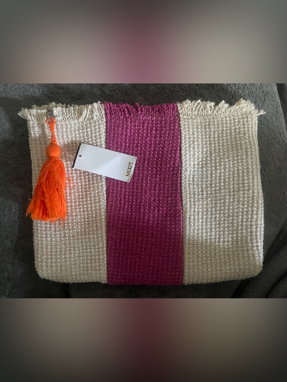 Mixit Cream & Magenta Woven Clutch with Orange Tassel Accent